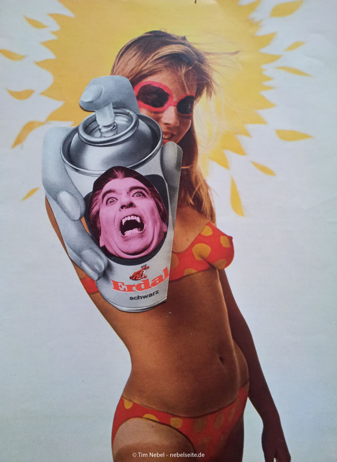 Eine Frau im Bikini hält eine Sprühdose mit der Aufschrift Erdal schwarz in der Hand. Auf der Dose ist ein Abbild von Dracula.