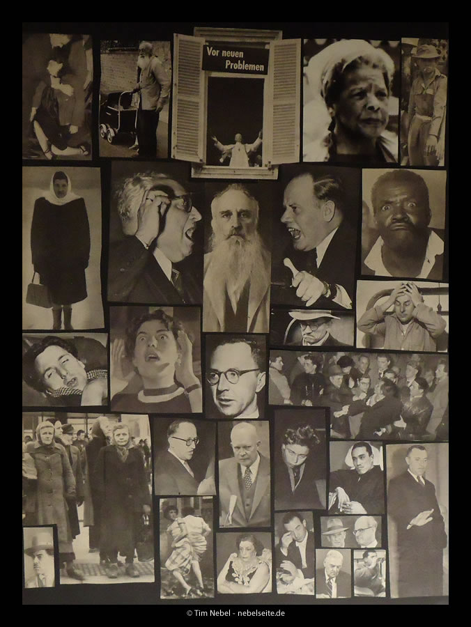 Zeitungscollage aus alten Zeitschriften. Abgebildet sind verzweifelte Menschen in allen Lebenslagen. Der Papst seht an einem offenen Fenster, darüber der Schriftzug vor neuen Problemen. Schwarz-Weiß Fotos.